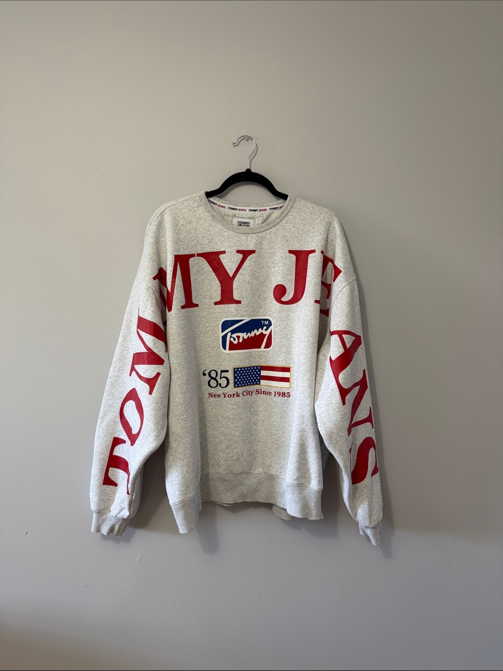 Tommy Hilfiger Heather Gray Crewneck Sweatshirt with Red Lettering